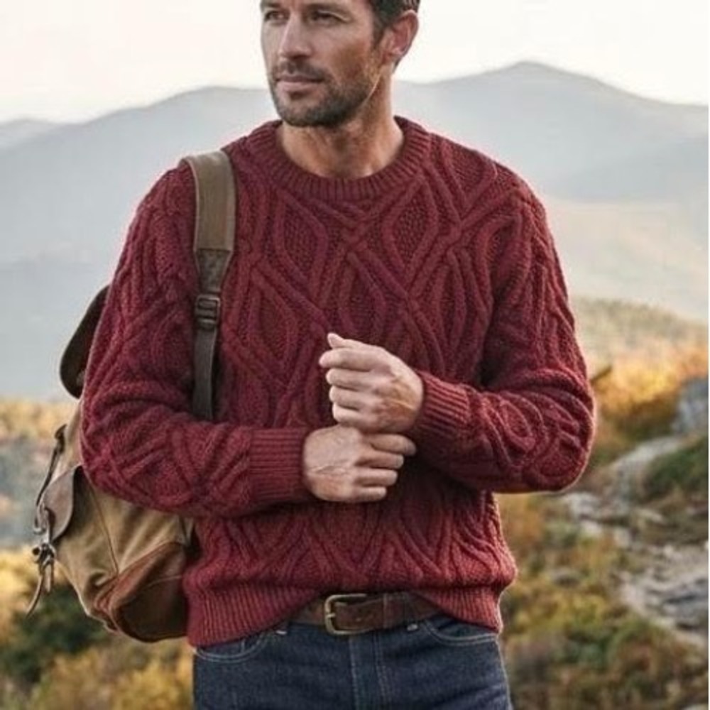 Eddie Bauer Vintage Burgundy Cotton Heavy Diamond Cable Knit Sweater Mens L